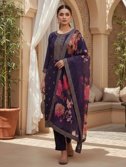 Vaamsi - Purple Printed Three Fourth Sleeves Kurta Pant with Dupatta