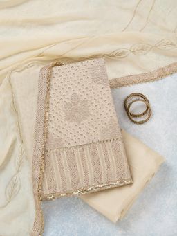 Koskii - Cream Embroidered Unstitched Top and Unstitched Bottom with Dupatta