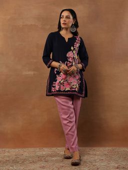 House of Chikankari - Threadwork Embroidered Woollen Solid Short Tunic Navy Blue
