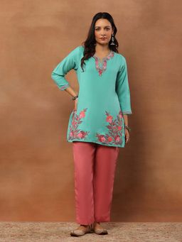 House of Chikankari - Aari Woollen Tunic - Turquoise Blue
