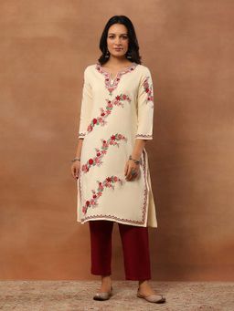 House of Chikankari - Threadwork Embroidered Woollen Solid Long Kurta Beige