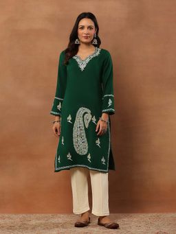 House of Chikankari - Aari Woollen Kurta Set - Green