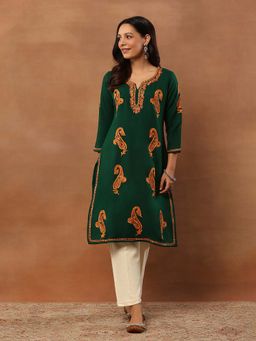 House of Chikankari - Threadwork Embroidered Woollen Solid Long Kurta Green