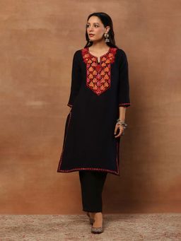 House of Chikankari - Aari Threadwork Embroidered Woollen Solid Long Black Kurta