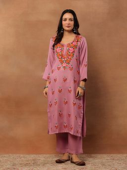 House of Chikankari - Lavender Woollen Aari Embroidered Solid Kurta and Pant (Set of 2)