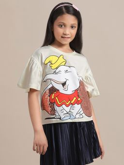 Kidsville - Dumbo Printed Relaxed Fit Off White Girls T-Shirt