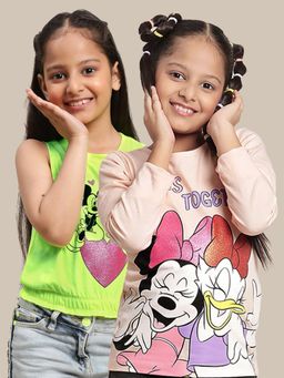 Kidsville - Mickey Friends Printed Green Peach Girls T-Shirts (Pack of 2)