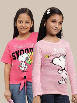 Kidsville - Peanuts Printed Pink Girls T-Shirts (Pack of 2)