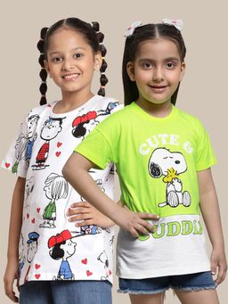 Kidsville - Peanuts Printed White Green Girls T-Shirts (Pack of 2)