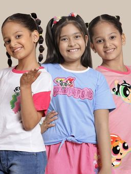 Kidsville - Powerpuff Girls Printed White Blue Pink T-Shirts (Pack of 3)