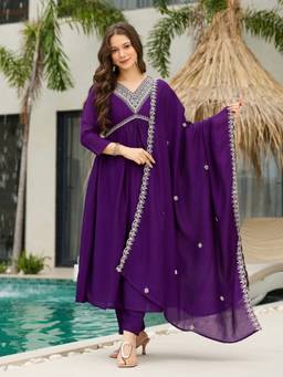 TWINS LADY - Purple Silk Blend A-Line Kurta with Pant and Dupatta