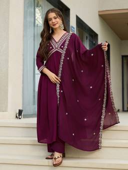 TWINS LADY - Wine Silk Blend A-Line Kurta with Pant and Dupatta