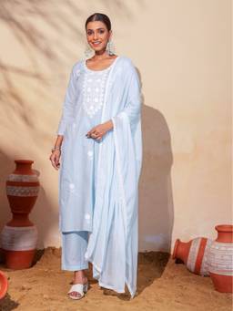 TWINS LADY - Blue Cotton Straight Kurta with Pant and Dupatta