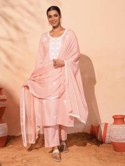TWINS LADY - Peach Cotton Straight Kurta with Pant and Dupatta