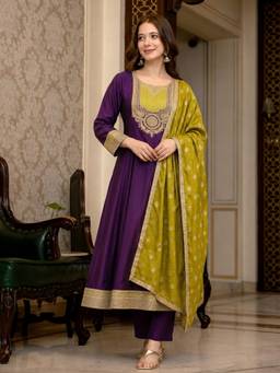 TWINS LADY - Purple Silk A-Line Kurta with Pant and Dupatta