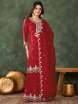 TWINS LADY - Red Silk Straight Kurta with Sharara and Dupatta