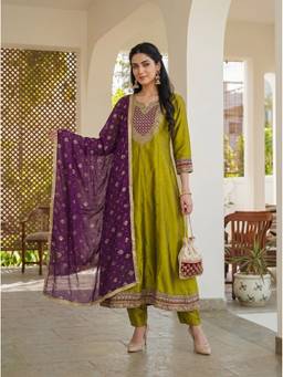 TWINS LADY - Green Silk A-Line Kurta with Pant and Dupatta