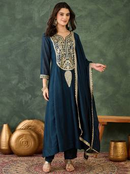 TWINS LADY - Teal Viscose A-Line Kurta with Pant and Dupatta