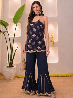 TWINS LADY - Navy Blue Georgette Regular Kurta with Palazzo and Dupatta