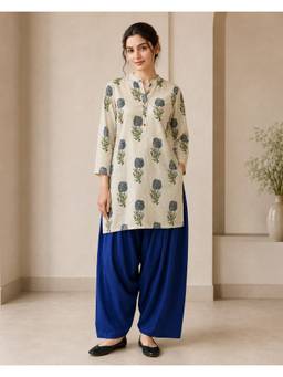 Jaipur Kurti - Cream Floral Printed Straight Pure Cotton Kurta and Farshi Salwar