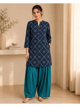 Jaipur Kurti - Navy Blue Printed Straight Pure Cotton Kurta and Farshi Salwar