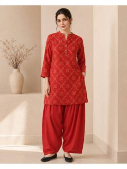 Jaipur Kurti - Red Printed Straight Pure Cotton Kurta and Farshi Salwar