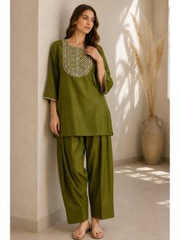 Jaipur Kurti - Olive Embroidered Straight Kurta and Farshi Salwar