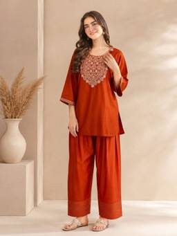 Jaipur Kurti - Rust Embroidered Straight Kurta and Farshi Salwar