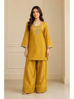Jaipur Kurti - Yellow Embroidered Straight Kurta and Farshi Salwar