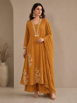 Jaipur Kurti - Yellow Embroidered A-Line Pure Cotton Kurta and Palazzo with Dupatta