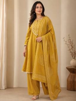 Jaipur Kurti - Yellow Embroidered A-Line Pure Cotton Kurta and Palazzo with Dupatta