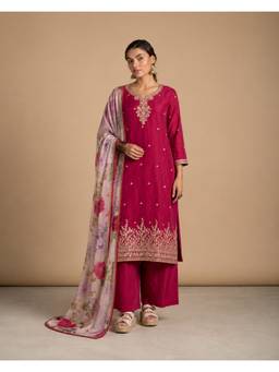 TWINS LADY - Pink Chanderi Straight Kurta with Palazzo and Dupatta