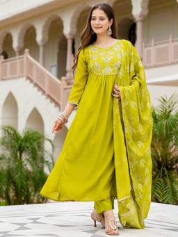 TWINS LADY - Green Rayon A-Line Kurta with Pant and Dupatta