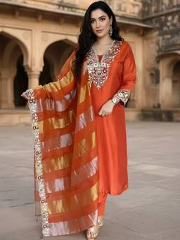 TWINS LADY - Orange Silk Blend Straight Kurta with Pant and Dupatta