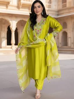 TWINS LADY - Green Silk Blend Straight Kurta with Pant and Dupatta