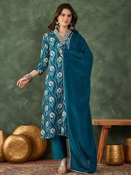 TWINS LADY - Teal Rayon Regular Kurta with Pant and Dupatta