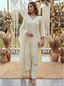 Yufta - Yellow Chanderi Cotton Lining Kurta with Pant and Dupatta