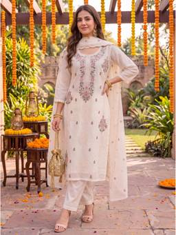 Yufta - Cream Chanderi Cotton Lining Kurta with Pant and Dupatta