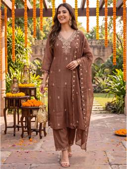Yufta - Brown Chanderi Cotton Lining Kurta with Pant and Dupatta