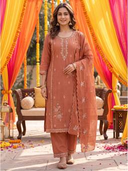 Yufta - Rust Tissue Lining Kurta with Pant and Dupatta