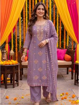 Yufta - Lavender Tissue Lining Kurta with Pant and Dupatta