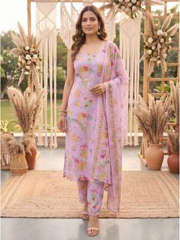 Yufta - Lavender Printed Slik Blend Kurta with Pant and Dupatta