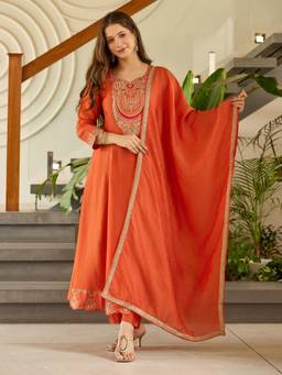 TWINS LADY - Orange Rayon A-Line Kurta with Pant and Dupatta