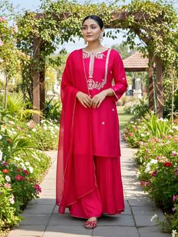 TWINS LADY - Pink Silk Blend Straight Kurta with Sharara and Dupatta