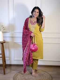 TWINS LADY - Yellow Viscose Straight Kurta with Pant and Dupatta