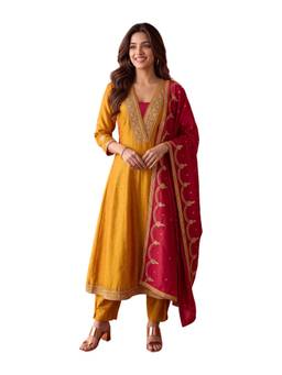 Rangita - Women Mustard Poly Viscose Embroidered Flared Kurta with Pant and Dupatta