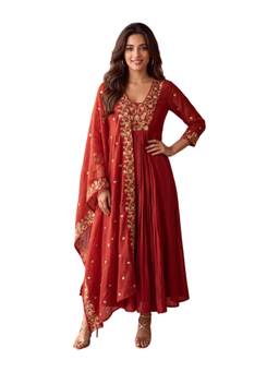Rangita - Women Rust Poly Viscose Embroidered Flared Kurta with Pant and Dupatta