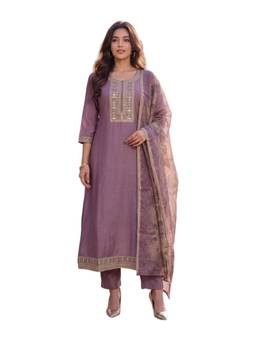 Rangita - Women Mauve Poly Viscose Embroidered Flared Kurta with Pant and Dupatta