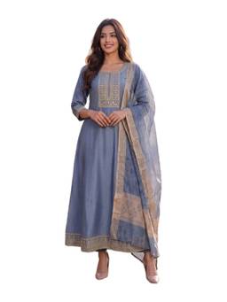 Rangita - Women Grey Poly Viscose Embroidered Flared Kurta with Pant and Dupatta