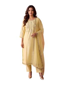 Rangita - Women Yellow Poly Viscose Embroidered Straight Kurta with Pant and Dupatta